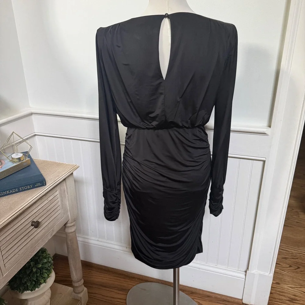 Cache Womens Black Ruched Bodycon Cocktail Dress Long Sleeve V-Neck Size S - Picture 3 of 8